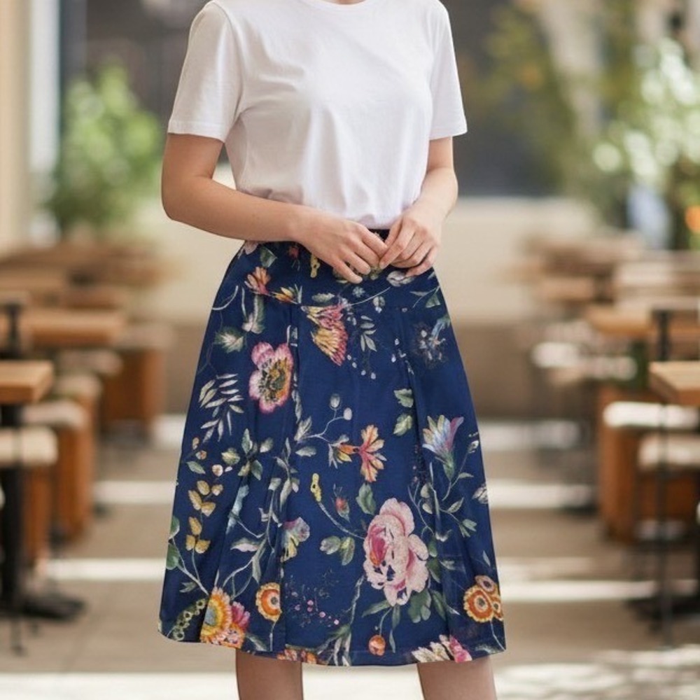 King Louie Skirt Womens S Blue Floral Mesh High Waist A-Line Knee Length Boho